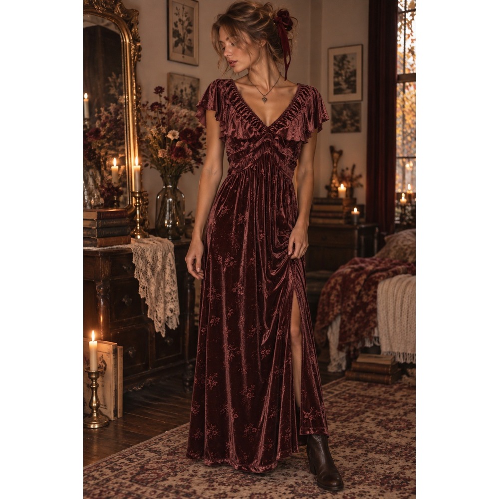 Eyeshadow M Mauve Velvet Maxi Dress Whimsigoth Fairy Grunge Romantic Goth Y2K
